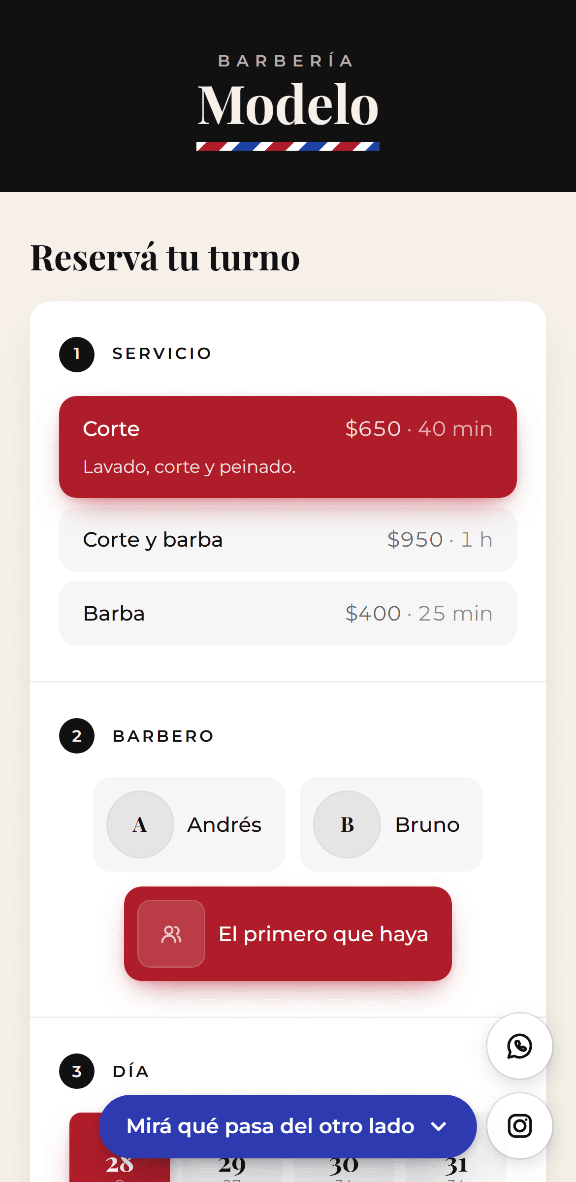 La página de reservas de una barbería, con los servicios y los horarios libres.